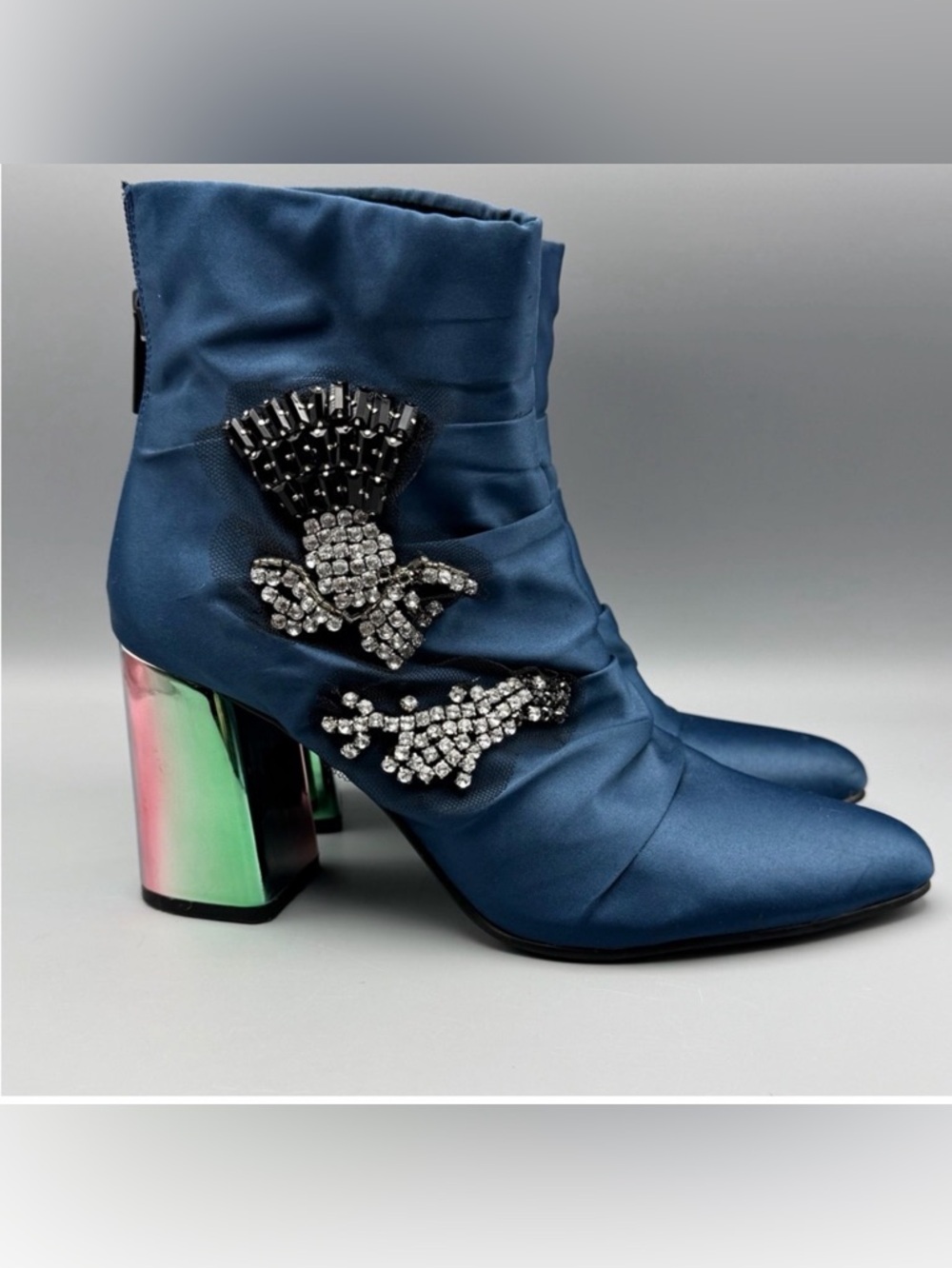 Zara Blue Satin Ankle Boots Rhinestone Applique 3” Heel EU 39 - Picture 3 of 7